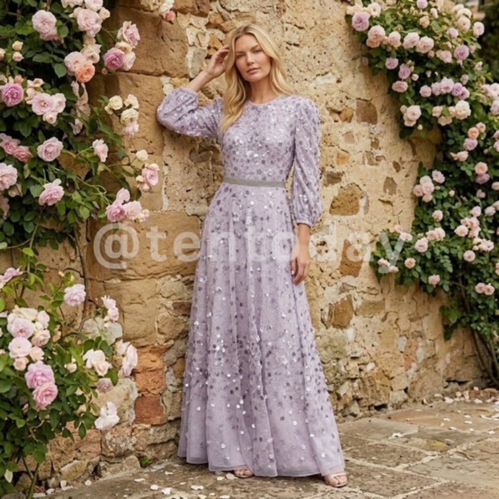 Mac Duggal Size 14 Purple Floral Puff Sleeve High Neck Long Maxi Gown Dress